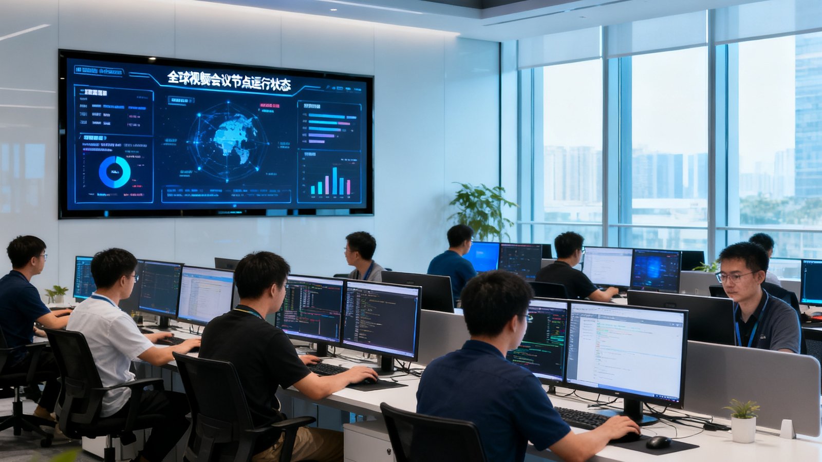 DB视讯深圳总部开放式办公区实景，数十位工程师在双屏工作站前协作开发，墙面嵌入式大屏实时展示全球视频会议节点运行状态